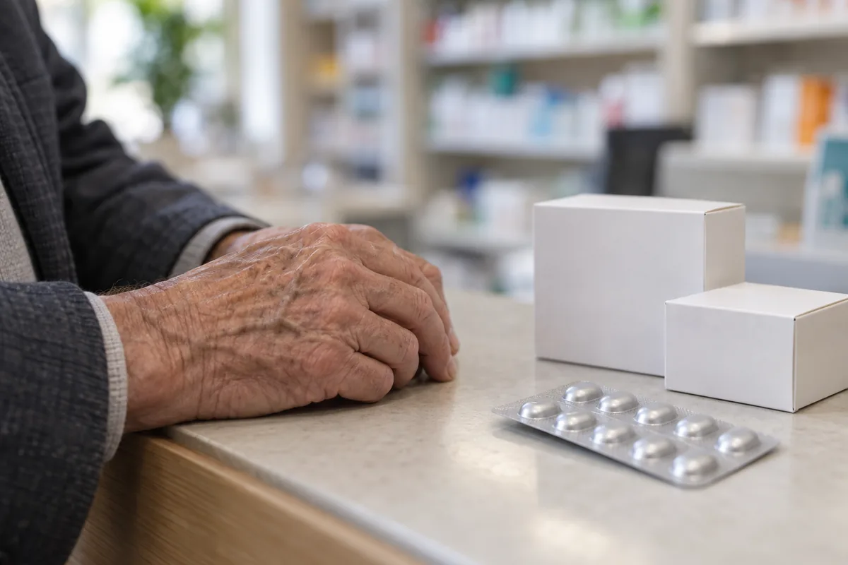 Manos de un hombre mayor sobre el mostrador de una farmacia, con cajas de cartón blanco sin marca y un blíster