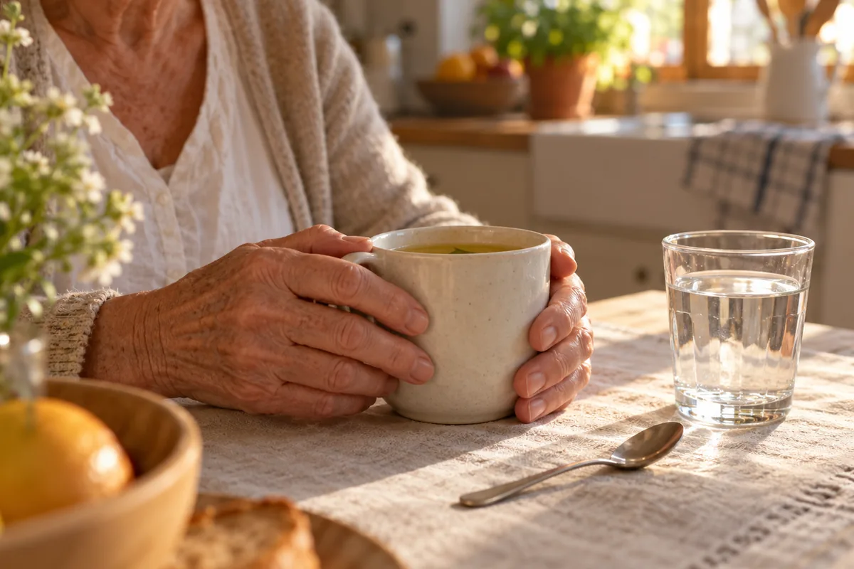 Manos de una mujer de unos sesenta años sujetando una taza de infusión sobre la mesa de la cocina, con un vaso de agua al lado