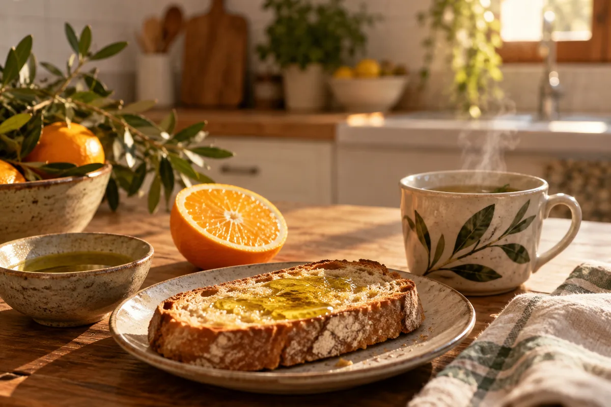 Desayuno sencillo con tostada, aceite de oliva, media naranja y una infusión sobre una mesa de cocina