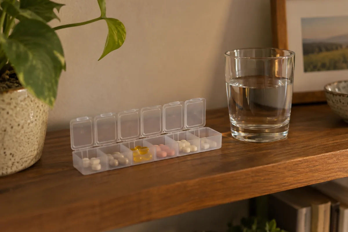 Pastillero semanal abierto y un vaso de agua en un estante de madera de una casa