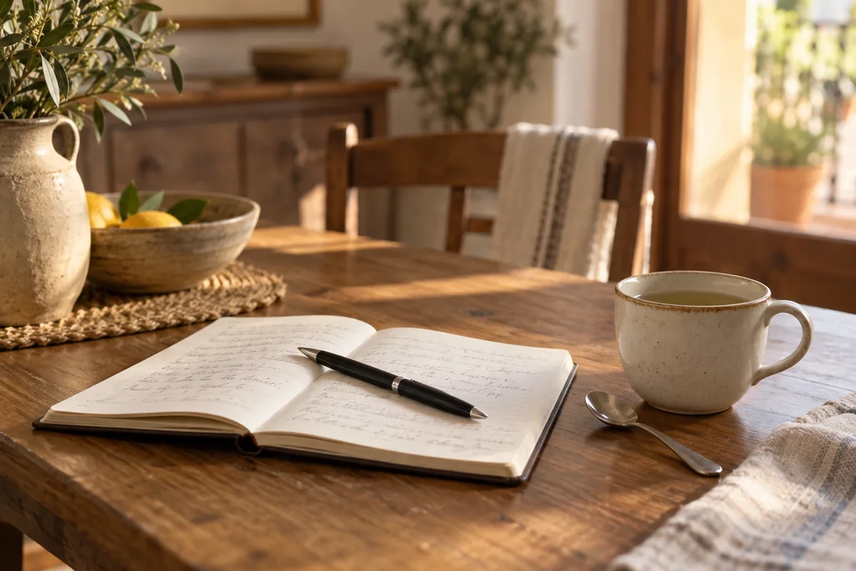 Cuaderno abierto con anotaciones a mano y un bolígrafo, junto a una taza de infusión sobre la mesa