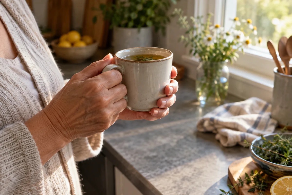 Mujer de unos sesenta años sosteniendo una taza de infusión junto a la ventana de la cocina
