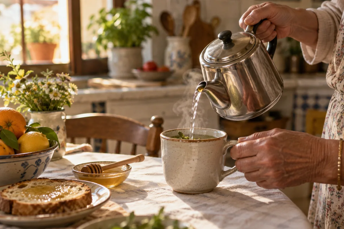 Manos sirviendo una infusión en una taza sobre una mesa de desayuno con luz de mañana
