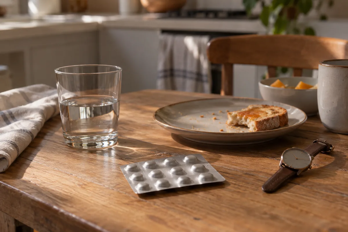 Mesa de cocina con un vaso de agua, un blíster de pastillas sin marcas y un reloj de pulsera