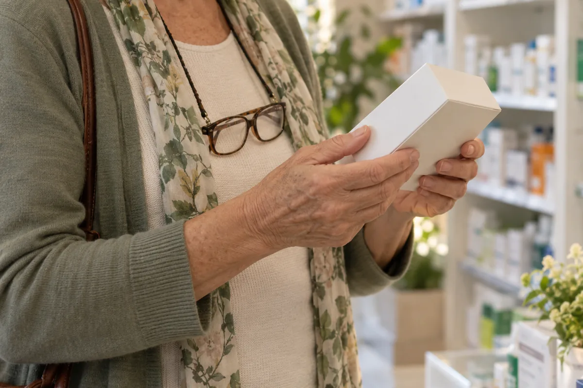 Mujer de unos sesenta años sosteniendo una caja de cartón blanca sin etiqueta delante de una estantería de farmacia