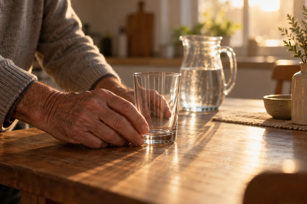 Manos de un hombre mayor apoyando un vaso de agua vacío sobre la mesa de la cocina a primera hora