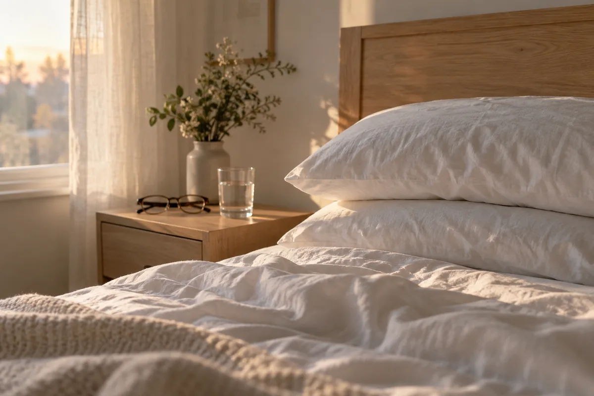 Cabecero de una cama con dos almohadas apiladas y una mesilla de madera junto a la ventana