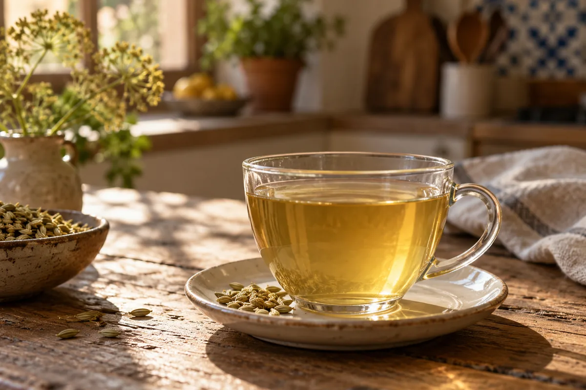 Taza de cristal con una infusión de semillas de hinojo sobre un platillo, en la mesa de la cocina