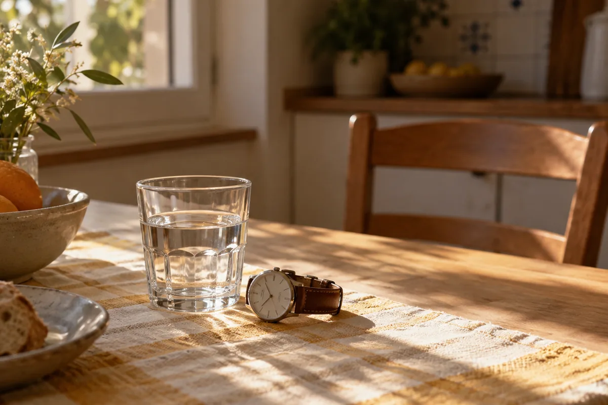 Mesa de cocina a primera hora con un vaso de agua y un reloj de pulsera