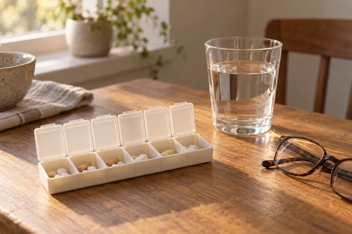 Pastillero semanal abierto sobre la mesa junto a un vaso de agua y unas gafas de lectura