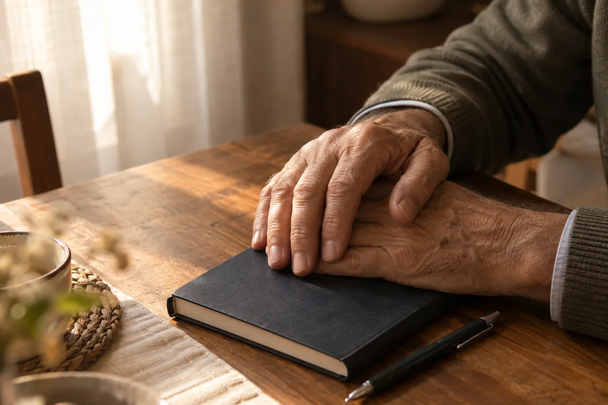 Manos de un hombre de unos sesenta años apoyadas sobre una libreta cerrada en la mesa de la cocina