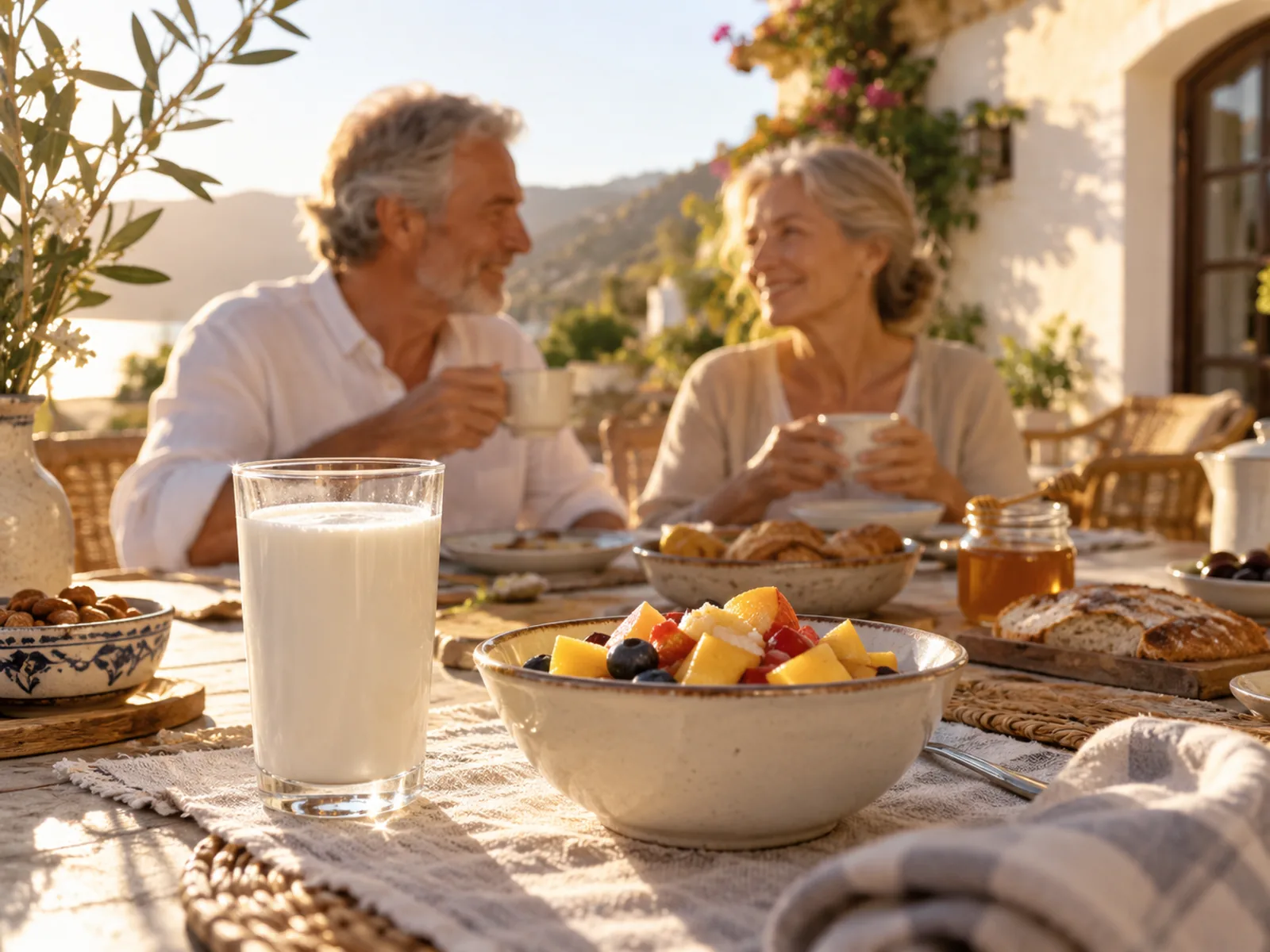 Pareja de unos sesenta años desayunando en una terraza con luz de mañana, con un vaso de leche fermentada y fruta troceada sobre la mesa